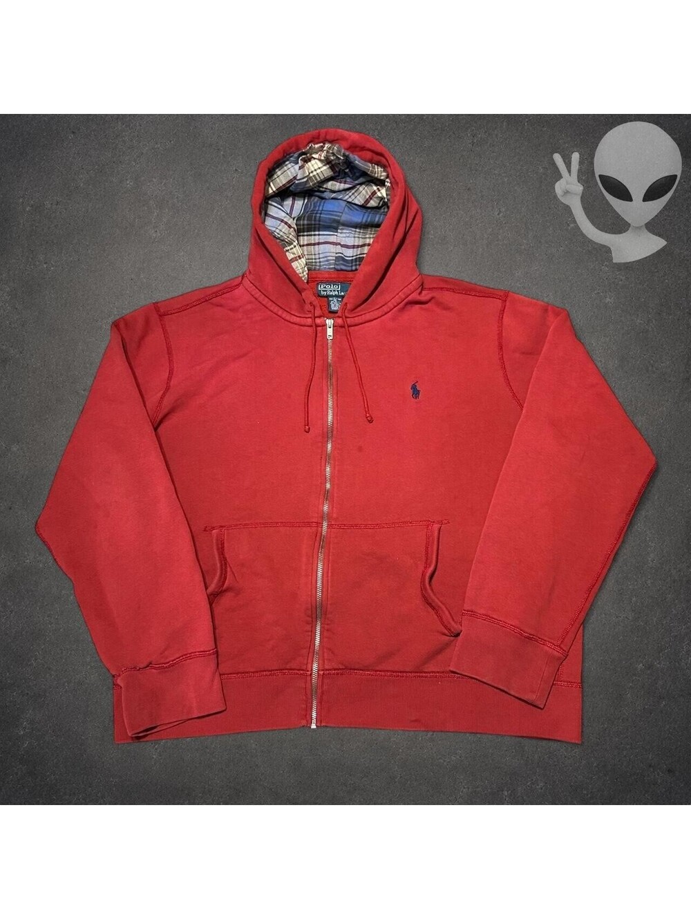 Polo Ralph Lauren Red Zip Hoodie Mens XXL Plaid Lined Hood Pony Sweatshirt